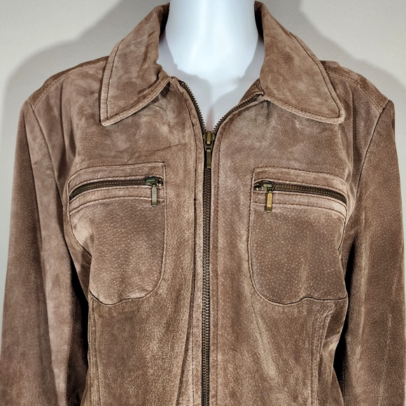 (EUC) I.E. Relaxed Petite Tan Suede Leather Zip Jacket - Picture 2 of 12